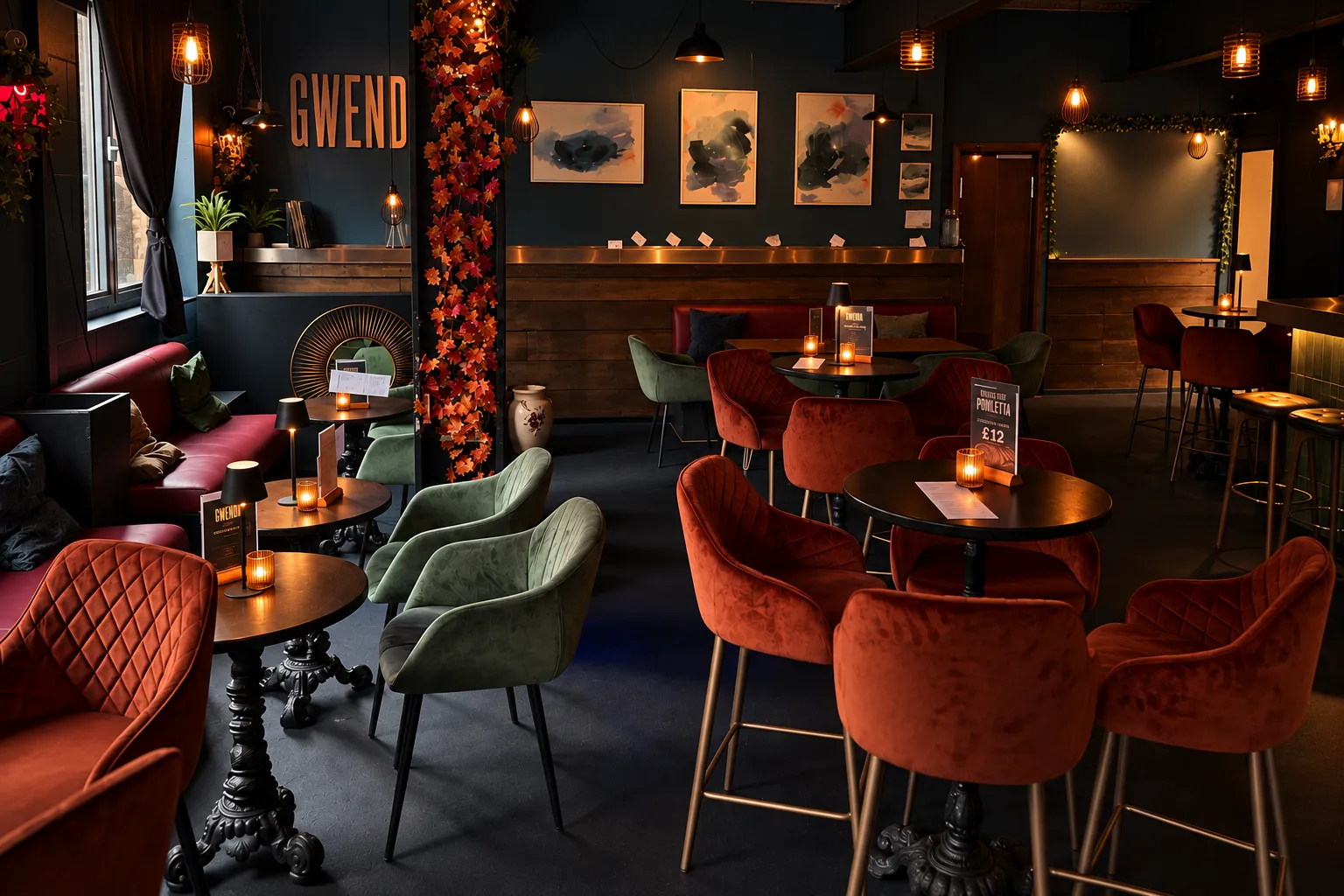 The room at Gwenda, with tables, the bar, and the GWENDA sign.